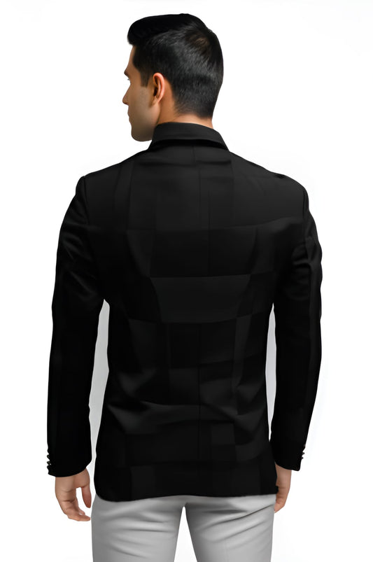 Back view of men’s black check blazer in tailored fit – formal and party wear style with imported poly-viscose fabric