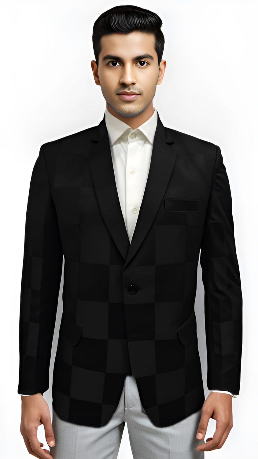 Front view of men’s black check blazer in tailored fit – formal and party wear style with imported poly-viscose fabric