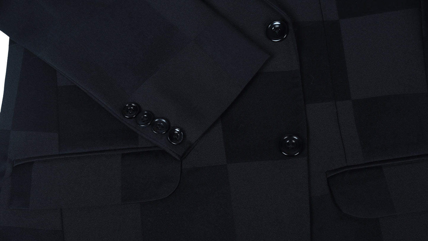 Close-up of a black checkered coat with buttons