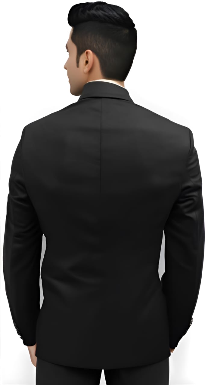 Men black solid formal blazer back view on model with two-button closure.