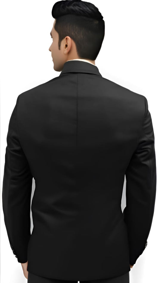 Men black solid formal blazer back view on model with two-button closure.