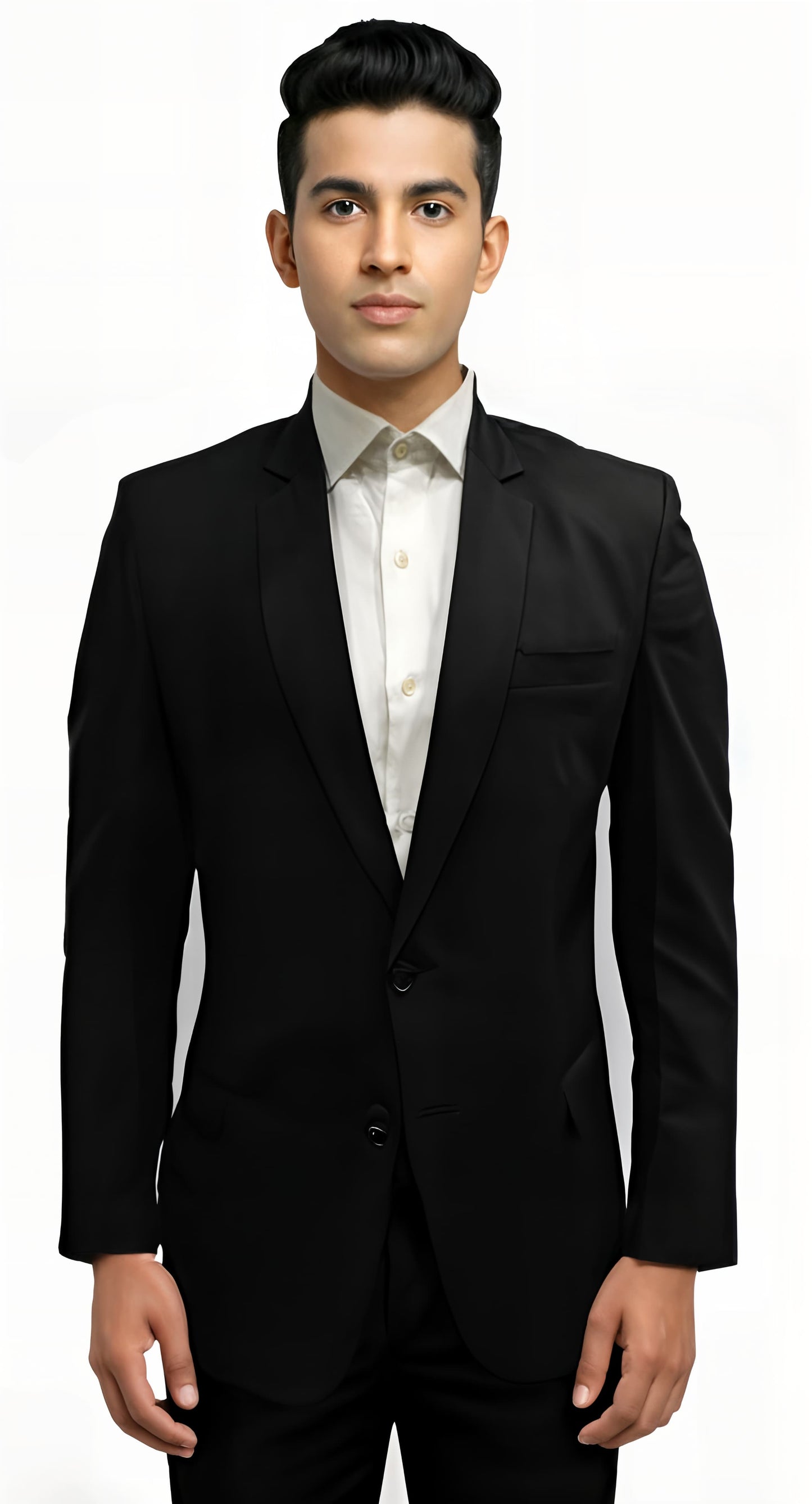 Men black solid formal blazer front view on model with two-button closure.