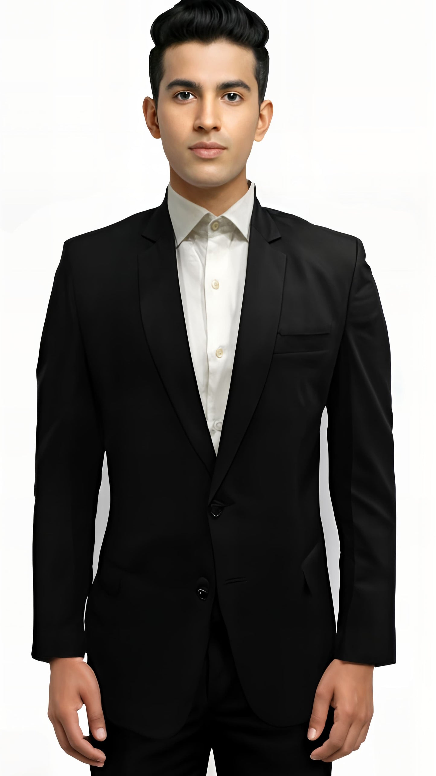 Men black solid formal blazer front view on model with two-button closure.