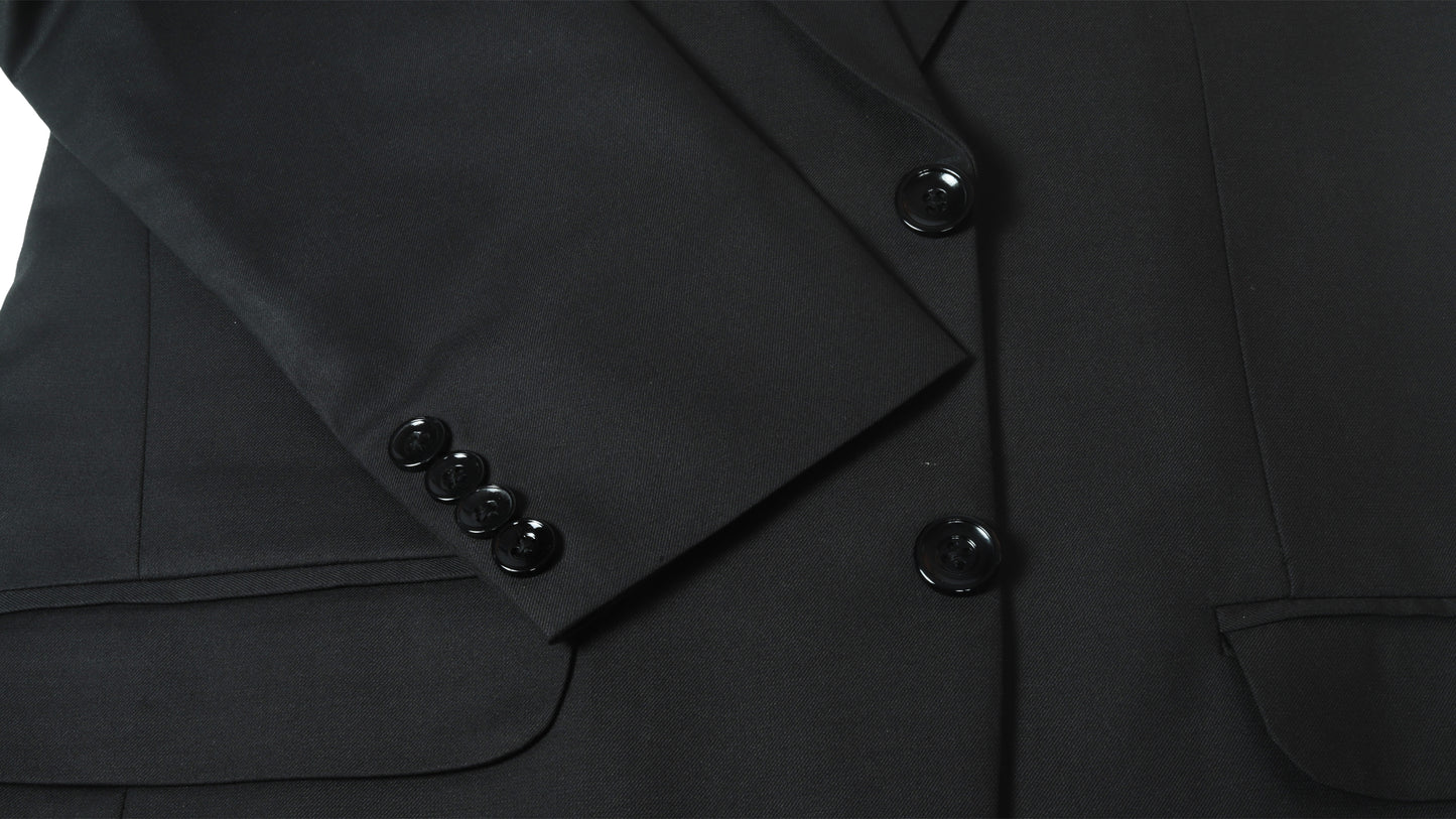 Close-up of a black coat with buttons on a white background