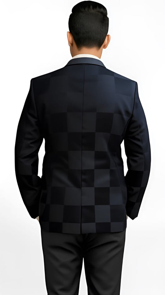 Back view of men’s premium blue check blazer – tailored fit coat with imported poly-viscose fabric, formal and party wear