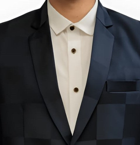 Close-up of structured notch lapel and collar – refined tailoring and check pattern detail of blue men’s blazer