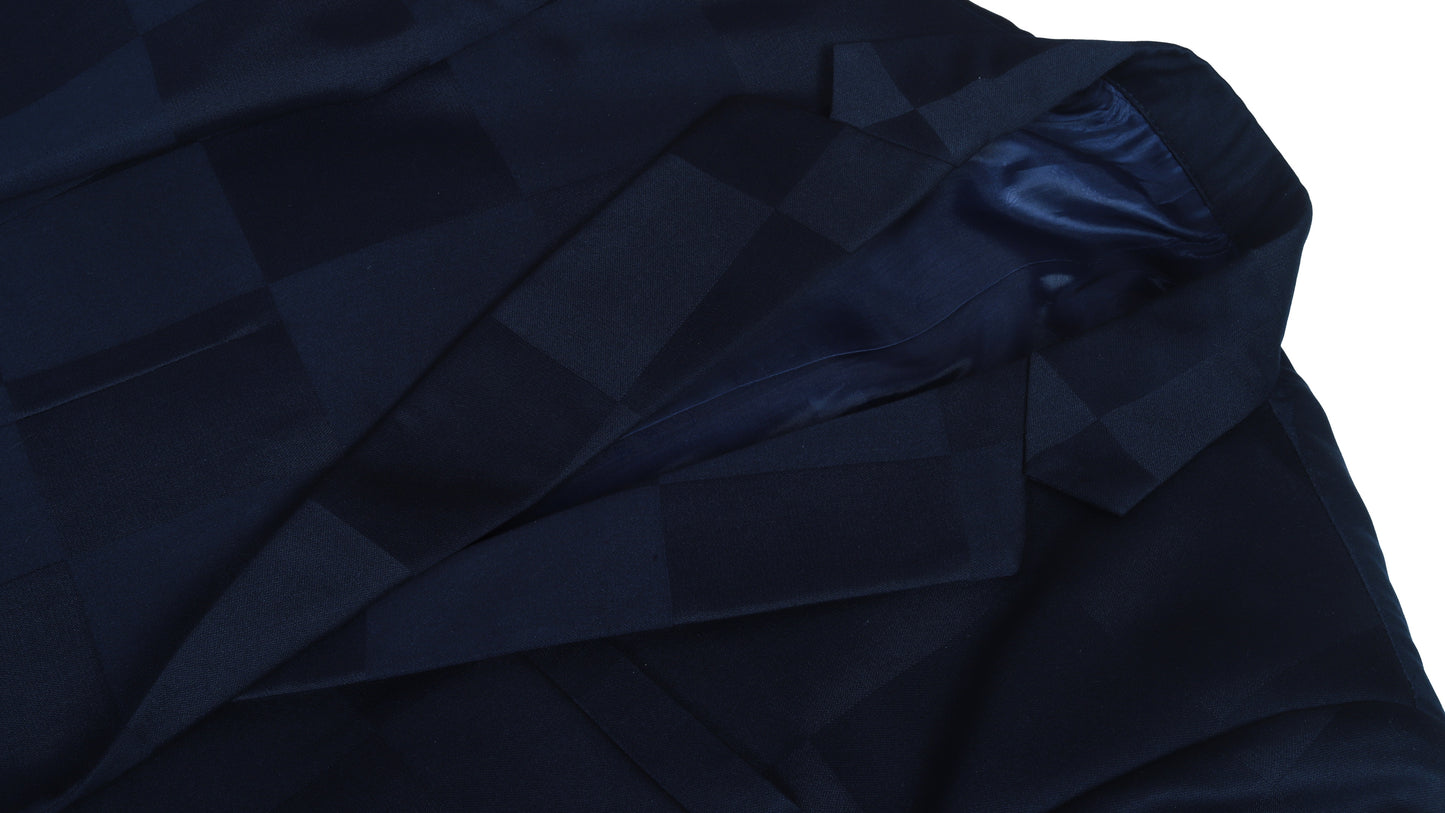 Dark blue check coat fabric on a white background