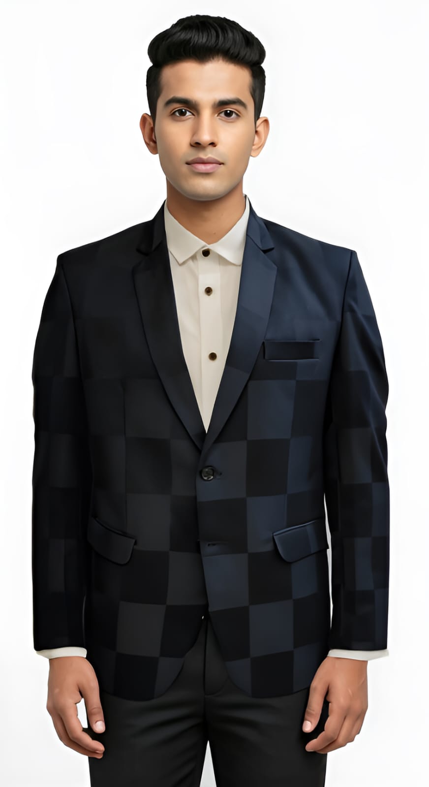 Front view of men’s premium blue check blazer – tailored fit coat with imported poly-viscose fabric, formal and party wear