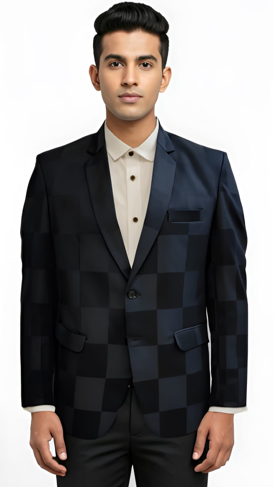Front view of men’s premium blue check blazer – tailored fit coat with imported poly-viscose fabric, formal and party wear