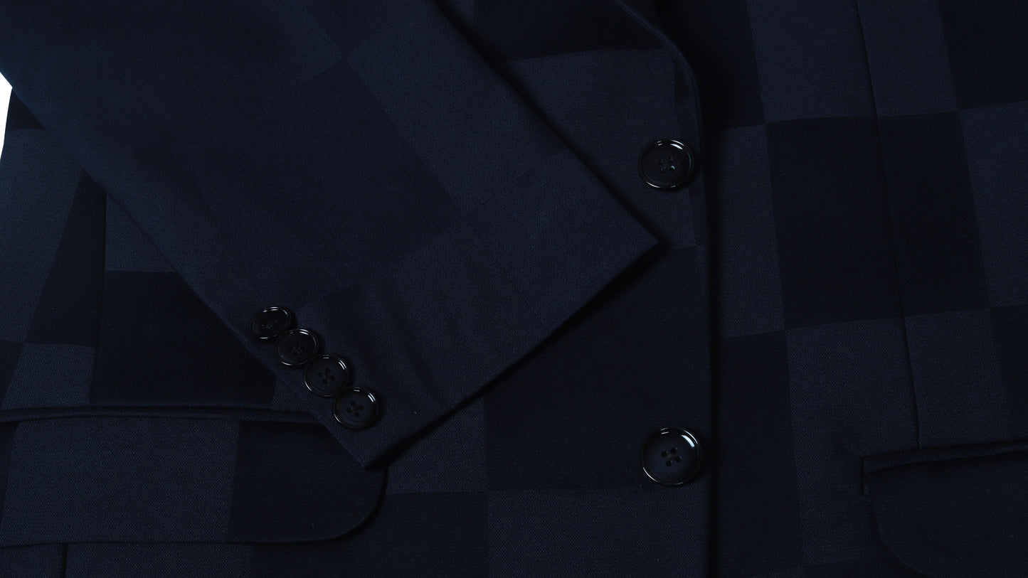 Close-up of a dark blue check coat with buttons