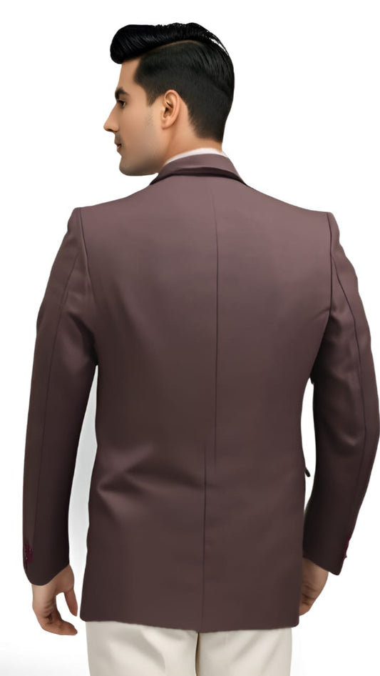 Dark mauve affordable formal blazer back view on model with two-button closure.