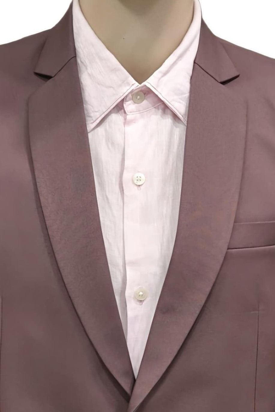 Close-up of the sharp lapel and neckline detailing of dark mauve formal blazer