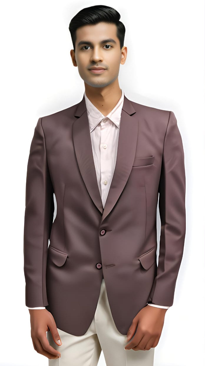 dark mauve affordable formal blazer front view on model with two-button closure.