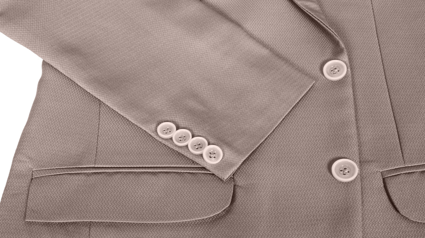 Close-up of a dusty mauve blazer with buttons and a pocket on a white background
