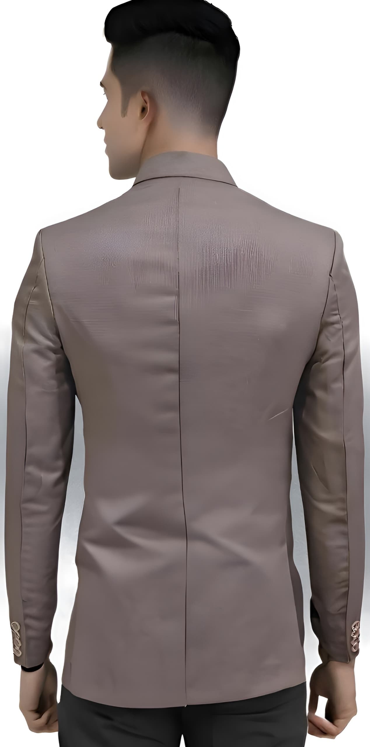 Man wearing a dusty mauve coat on a white background