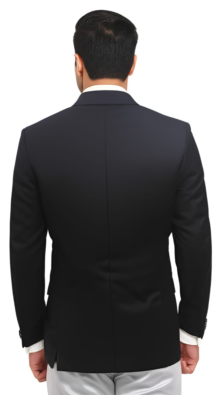 Men's navy blue textured formal blazer back view – styled with light trousers and white shirt for office or function wear