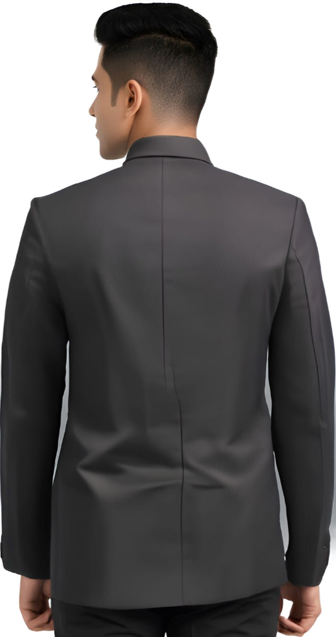 Plum formal summer blazer back view on model with two-button closure.