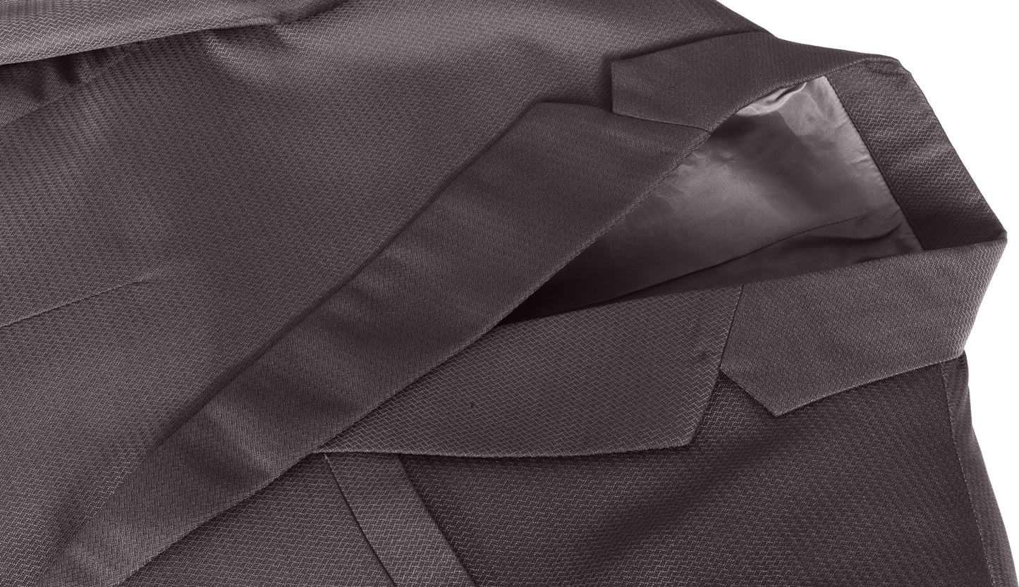 Close-up of a plum blazer fabric with a textured pattern