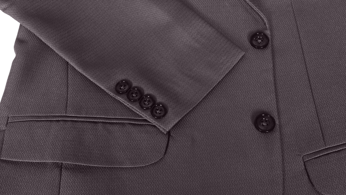 Close-up of a plum coat jacket with buttons on a white background