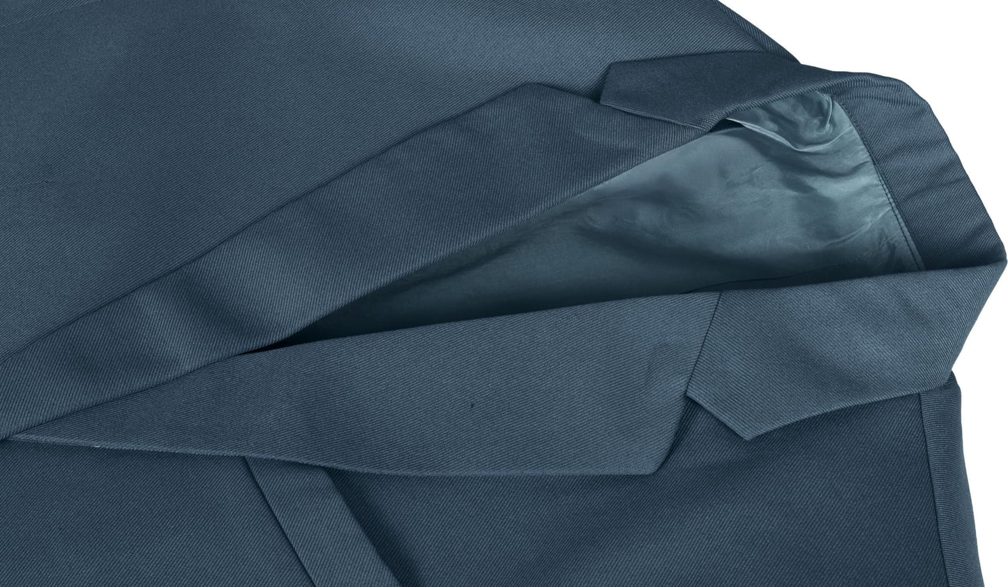 Close-up of a blue coat fabric with a smooth texture on a white background