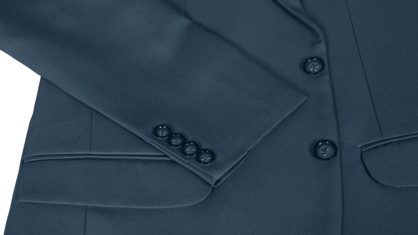 Close-up of a steel blue suit jacket sleeve with buttons on a white background