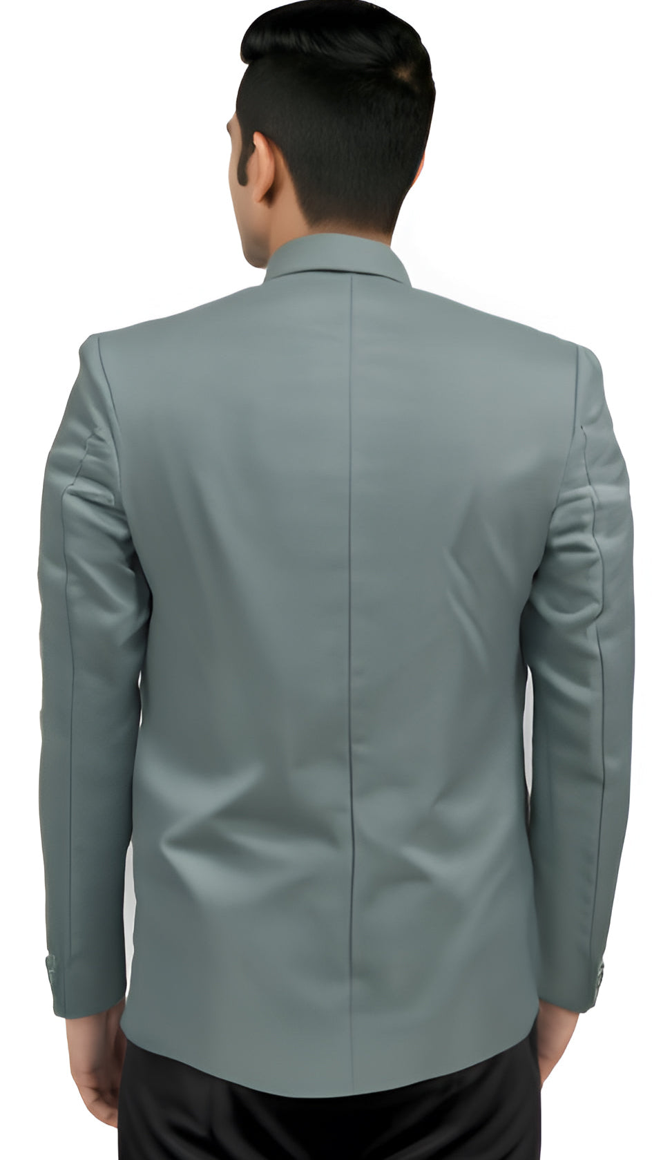 Men Teal formal summer blazer back view on model with two-button closure.