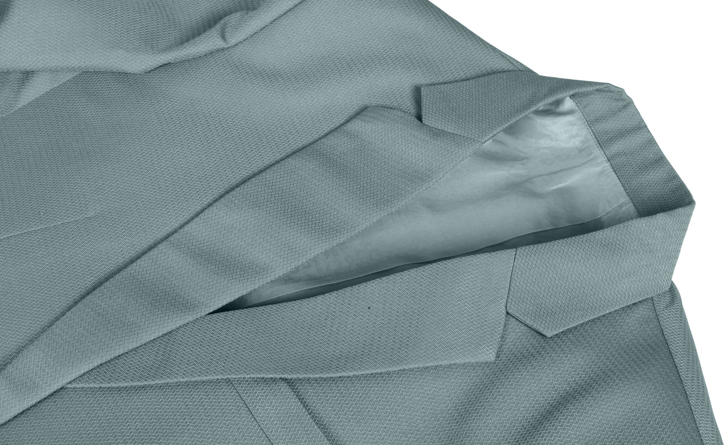 Close-up of a textured teal coat fabric with folds on a white background
