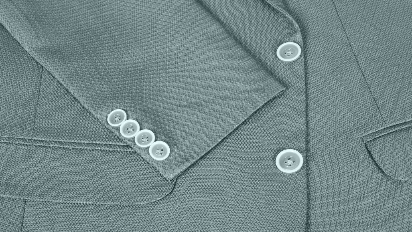 Close-up of a teal suit jacket with buttons
