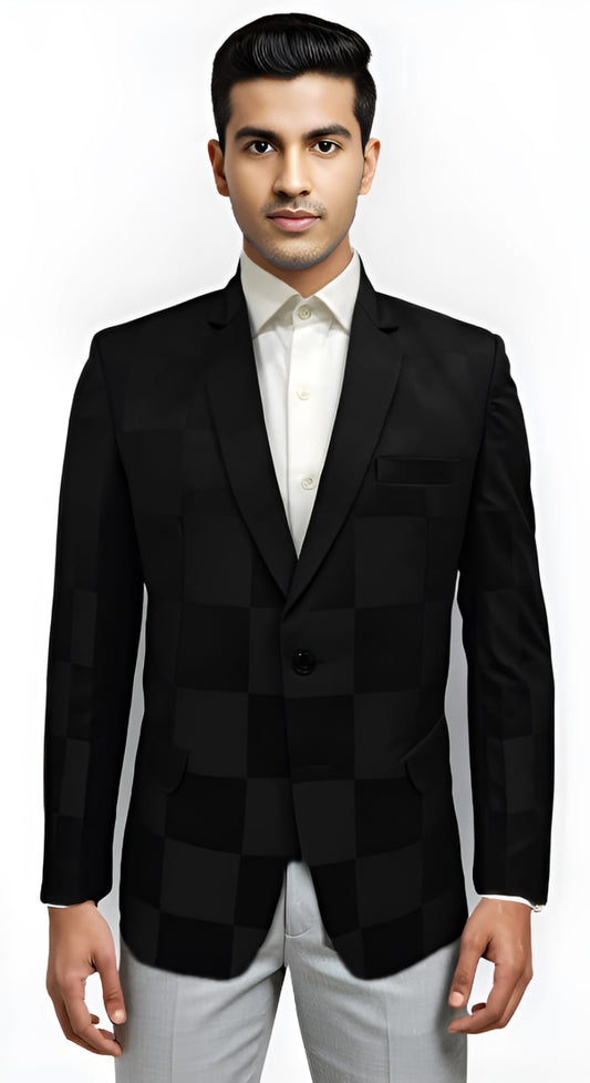 Front view of men’s black check blazer in tailored fit – formal and party wear style with imported poly-viscose fabric