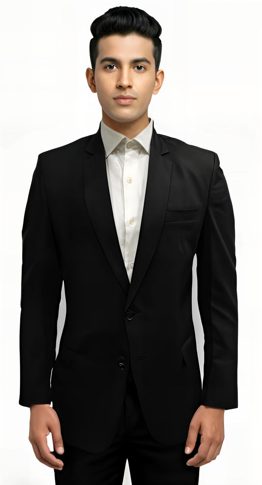Men black solid formal blazer front view on model with two-button closure.