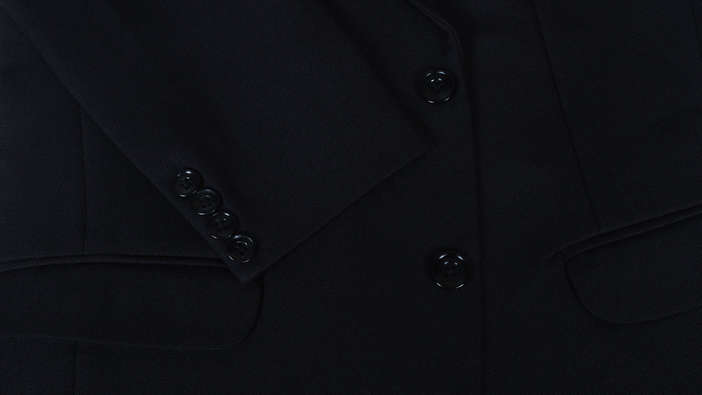 Close-up of a black coat sleeve with buttons