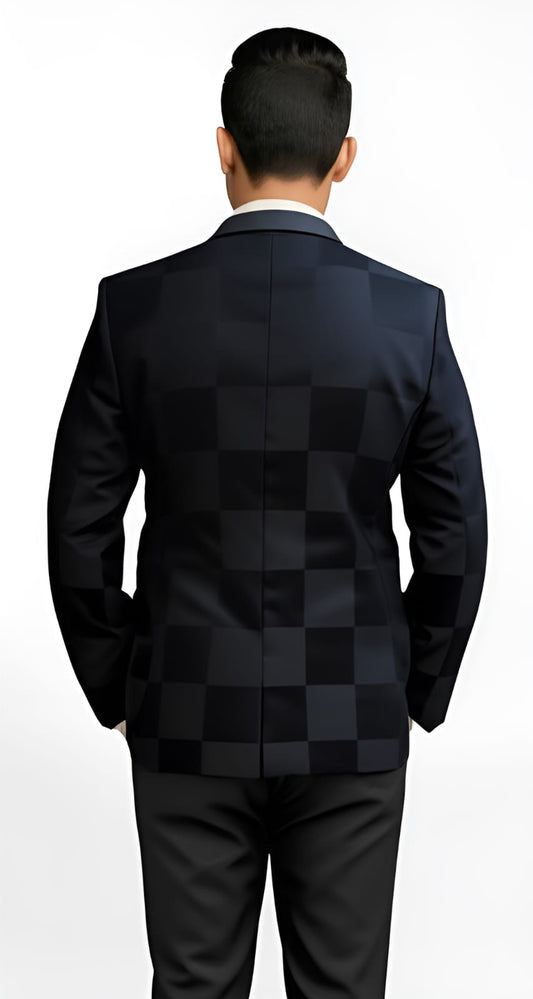 Back view of men’s premium blue check blazer – tailored fit coat with imported poly-viscose fabric, formal and party wear