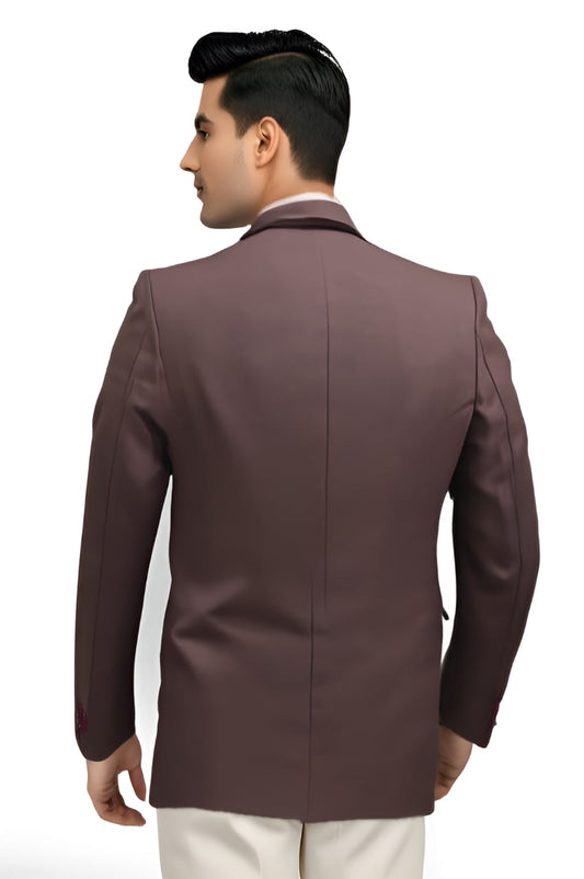 Dark mauve affordable formal blazer back view on model with two-button closure.
