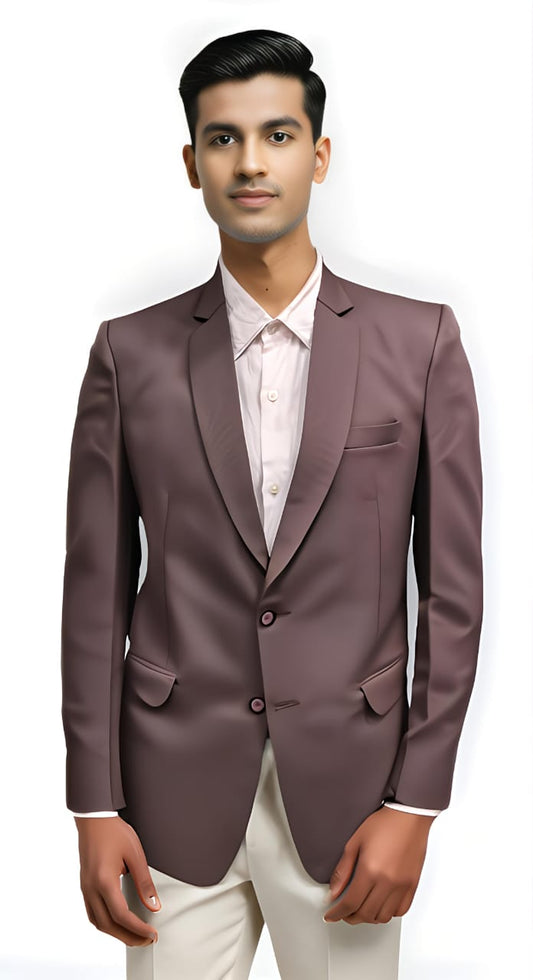 dark mauve affordable formal blazer front view on model with two-button closure.