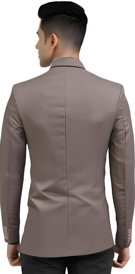 mauve summer formal blazer back view on model with two-button closure