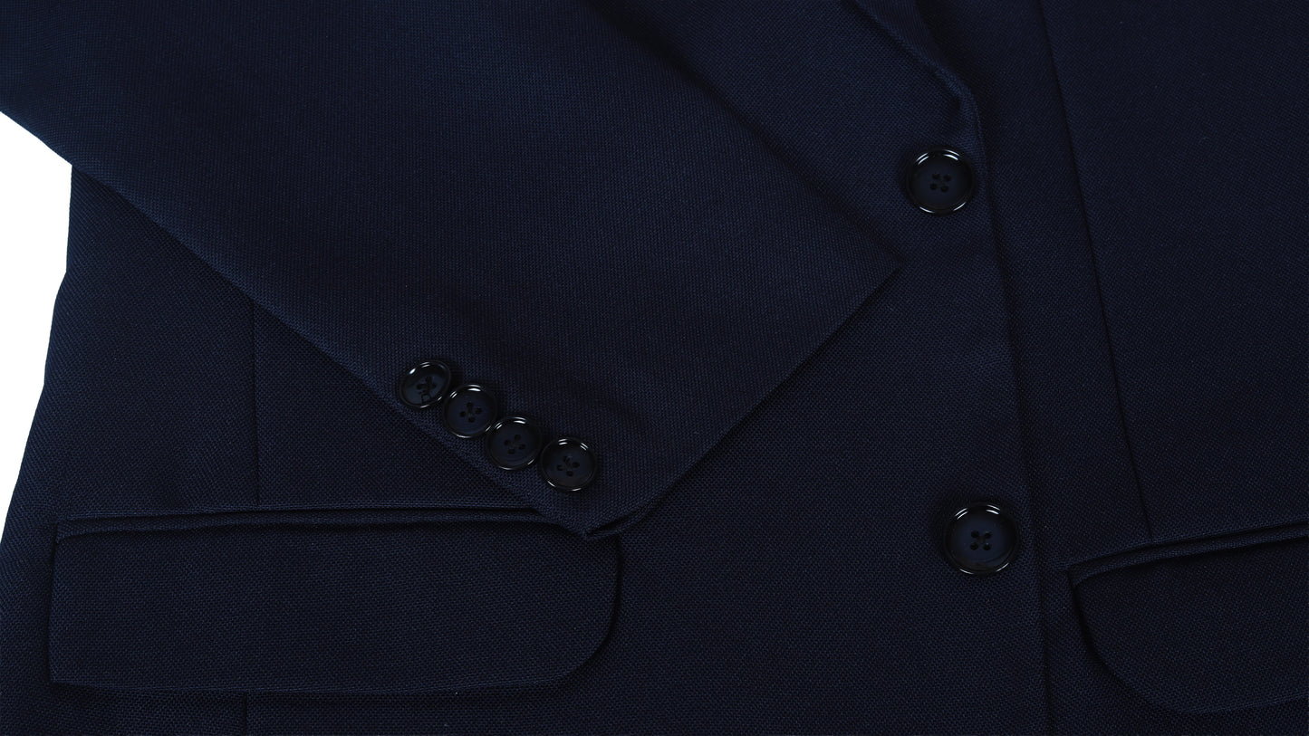 Navy blue blazer with buttons on a white background