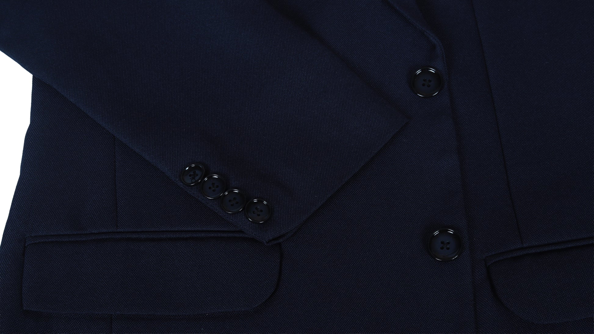 Navy blue blazer with buttons on a white background