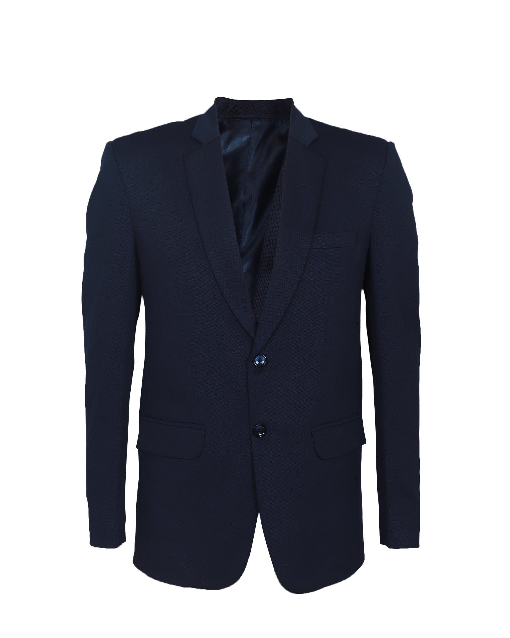 Navy blue suit jacket on a white background