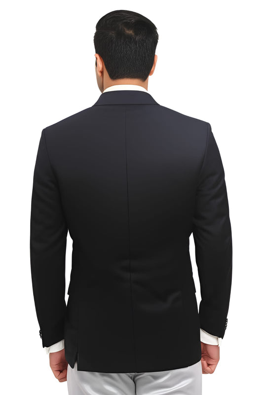 Men's navy blue textured formal blazer back view – styled with light trousers and white shirt for office or function wear