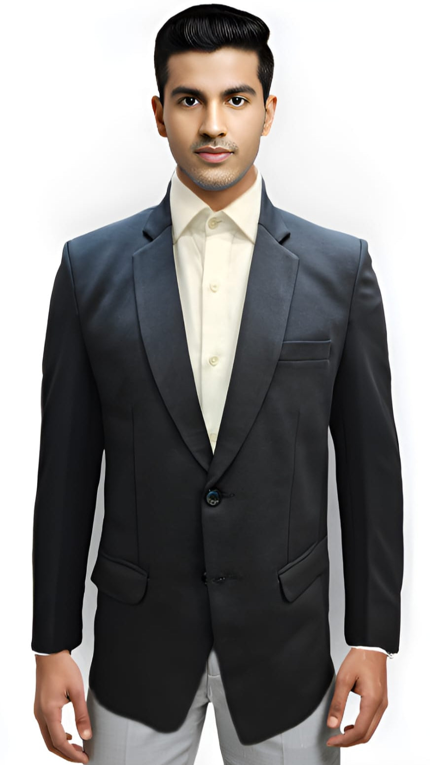 Men's navy blue textured formal blazer front view – styled with light trousers and white shirt for office or function wear
