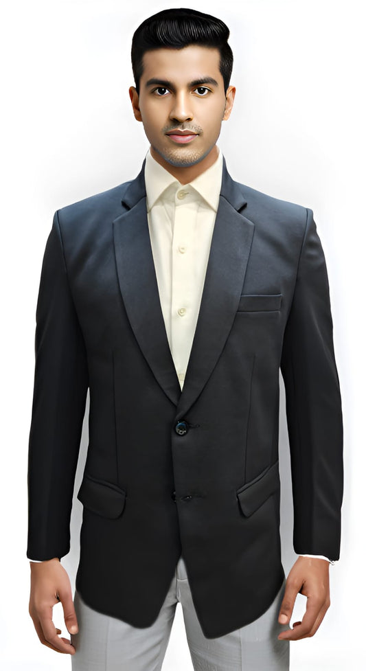 Men's navy blue textured formal blazer front view – styled with light trousers and white shirt for office or function wear