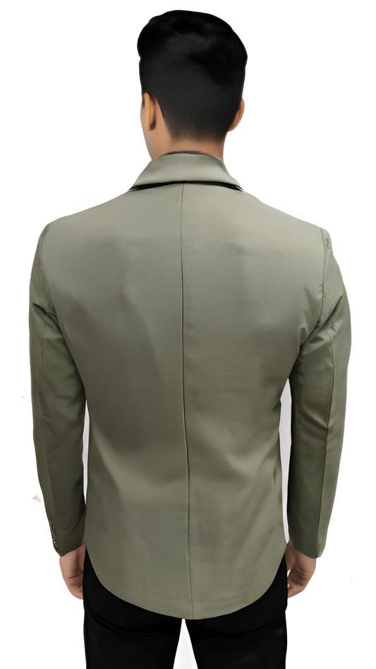 olive green formal blazer back view on model with two-button closure.