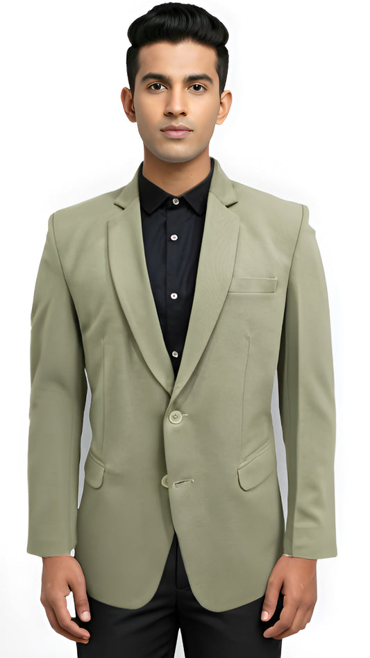 olive green formal blazer front view on model with two-button closure.