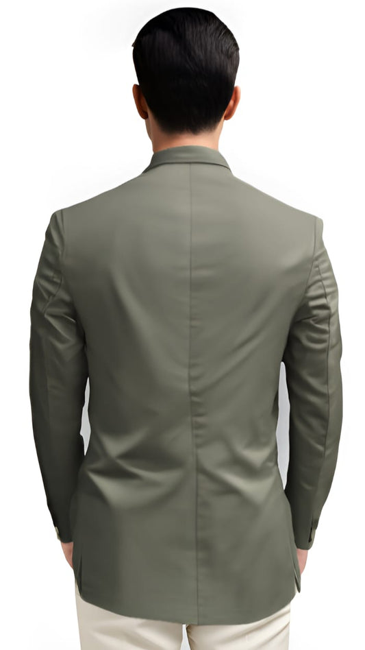 Pista Green summer formal blazer back view on model with two-button closure