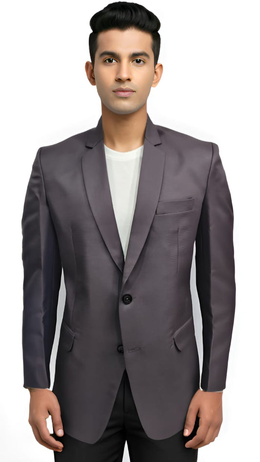 Plum formal summer blazer front view on model with two-button closure.