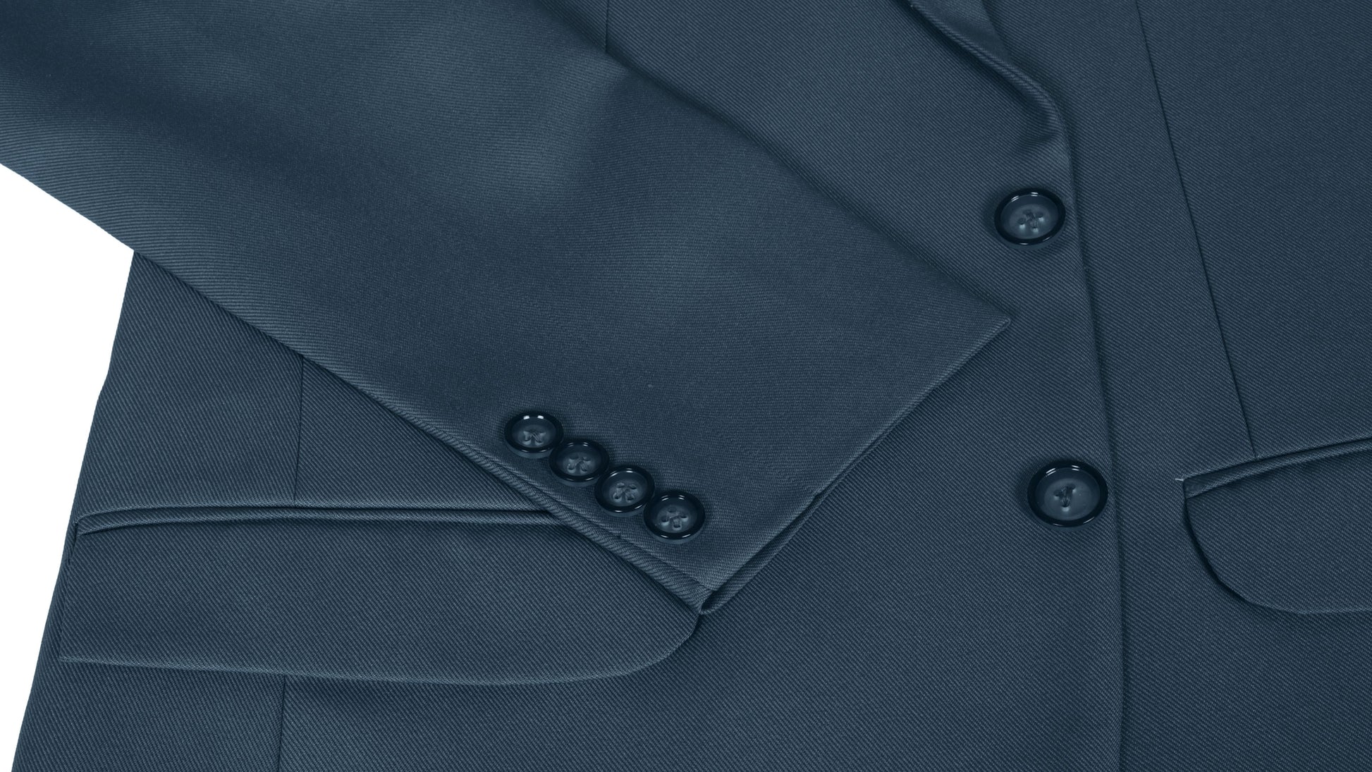 Close-up of a steel blue suit jacket  sleeve with buttons on a white background