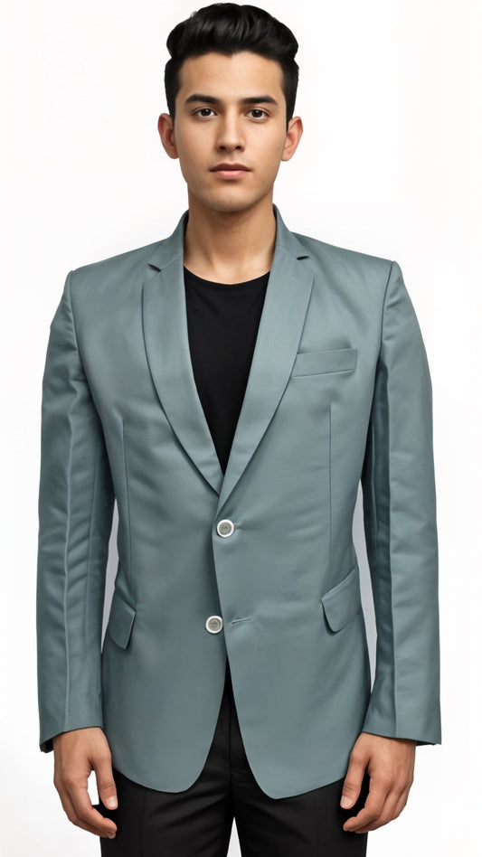 Men Teal formal summer blazer front view on model with two-button closure.